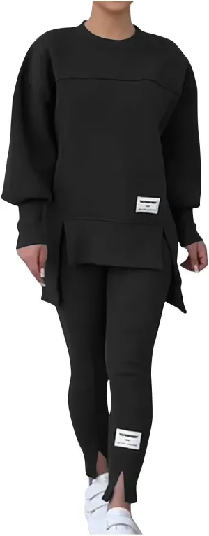 New Sz L Womens Pant Sets 2 Piece Outfits Track Suit Sweatsuit Long Sleeve High-Low Slit Hem Top Sweatshirt Leggings Jogger Set Black