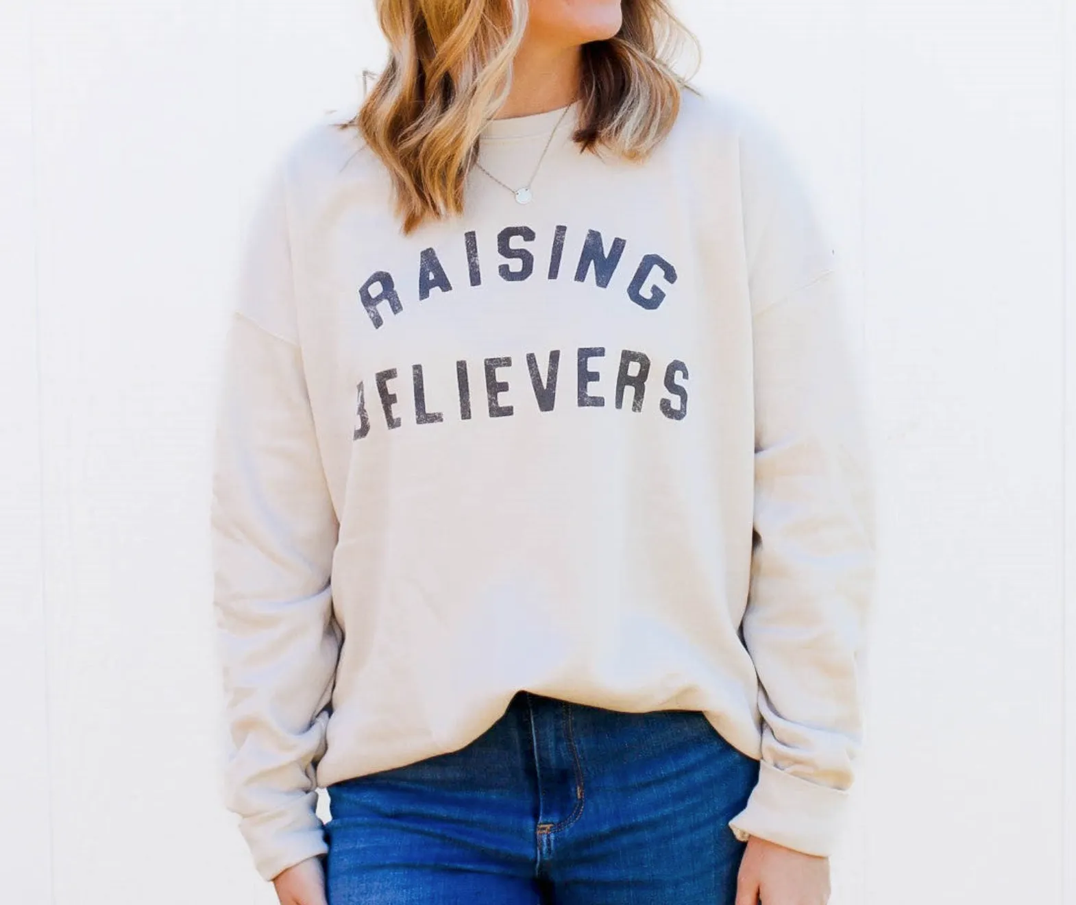 Oat Collective Women's RAISING BELIEVERS Graphic Sweatshirt Top in Heather Dust