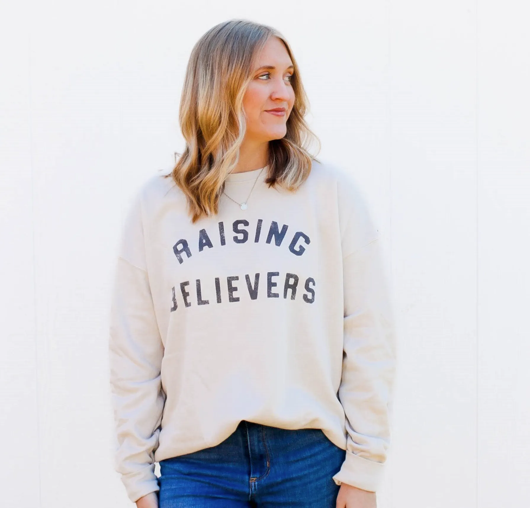 Oat Collective Women's RAISING BELIEVERS Graphic Sweatshirt Top in Heather Dust