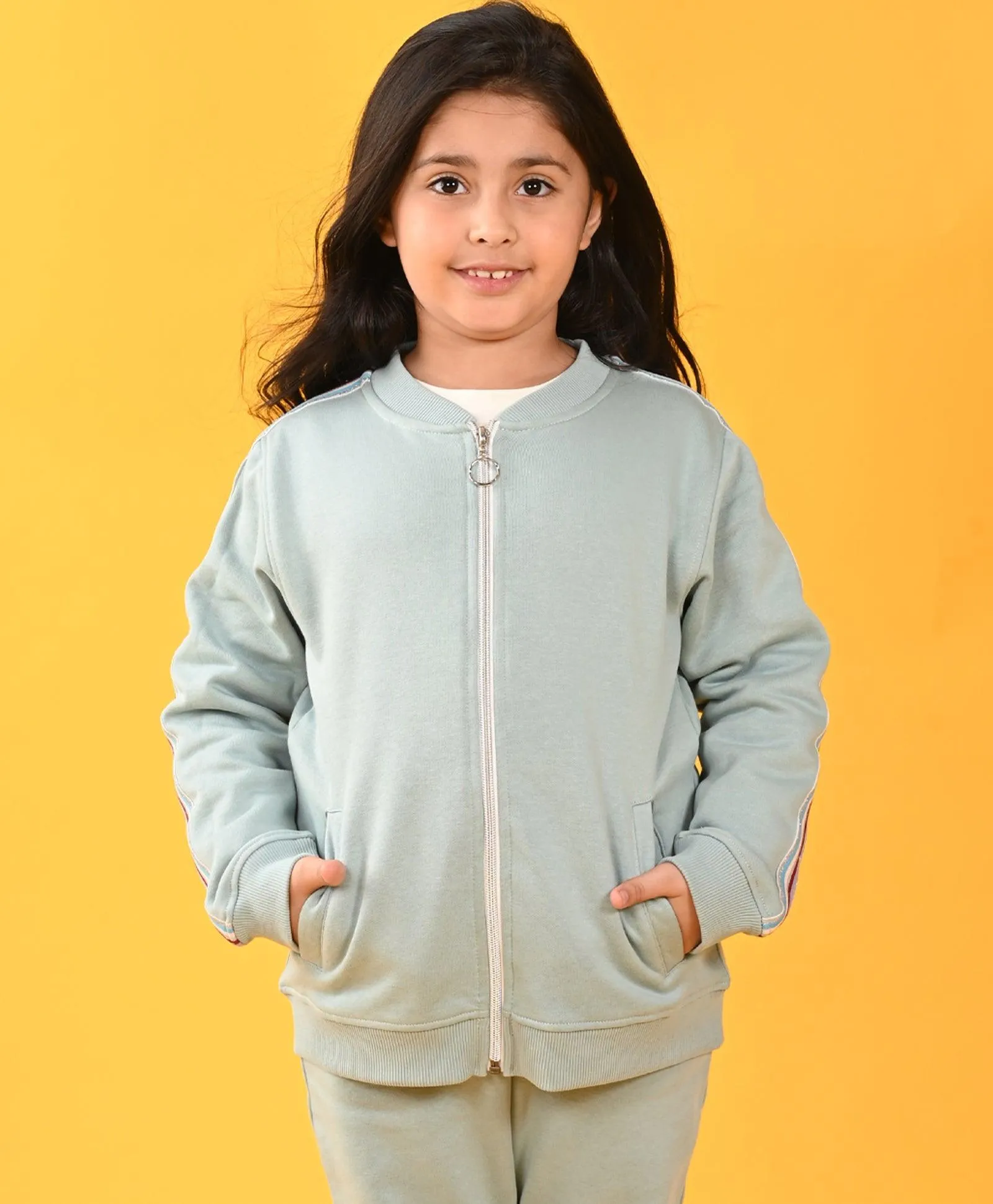 OIL GREEN PINK SIDE TAPE FLEECE ZIPPER SWEATSHIRT - GREEN