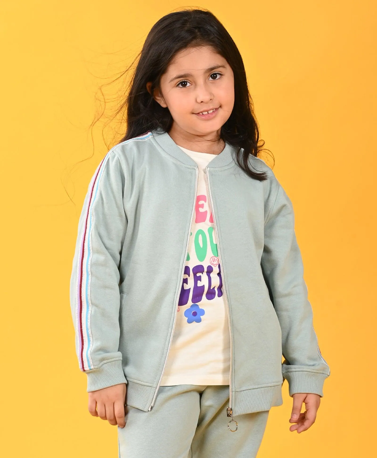 OIL GREEN PINK SIDE TAPE FLEECE ZIPPER SWEATSHIRT - GREEN