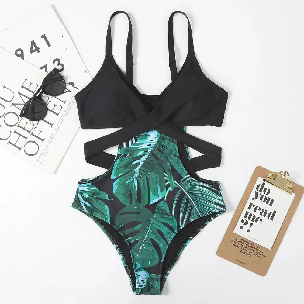 One-Piece Swimsuit for Women Printed Bathing Suit Padded Backless Beachwear Bathing Suit