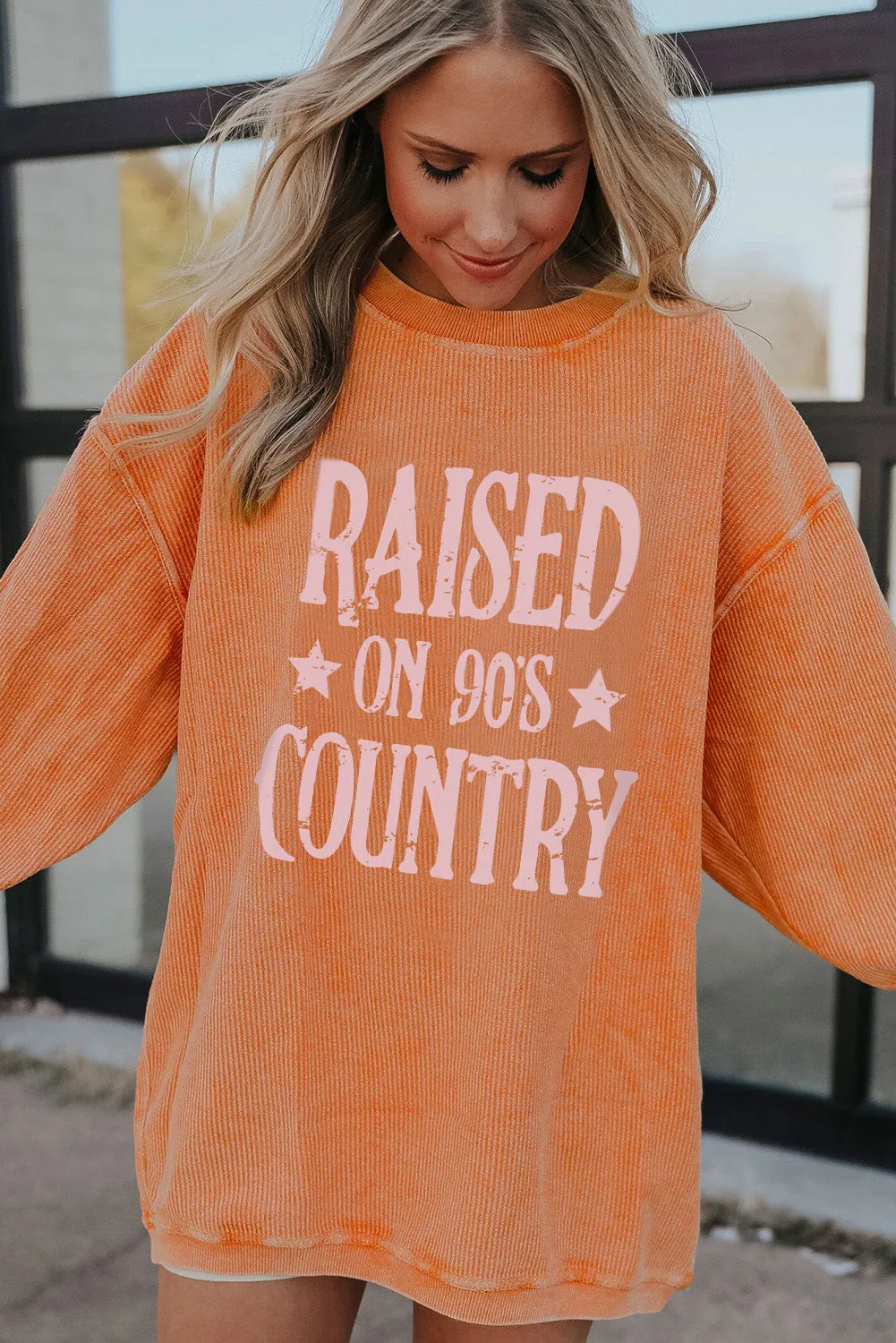 Orange Letter Print Ribbed Long Sleeve Oversized Sweatshirt