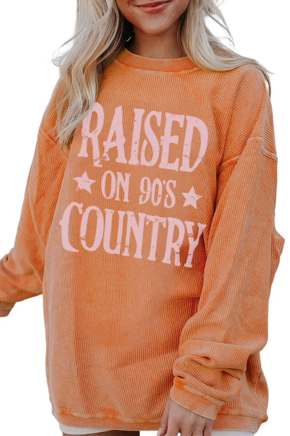 Orange Letter Print Ribbed Long Sleeve Oversized Sweatshirt