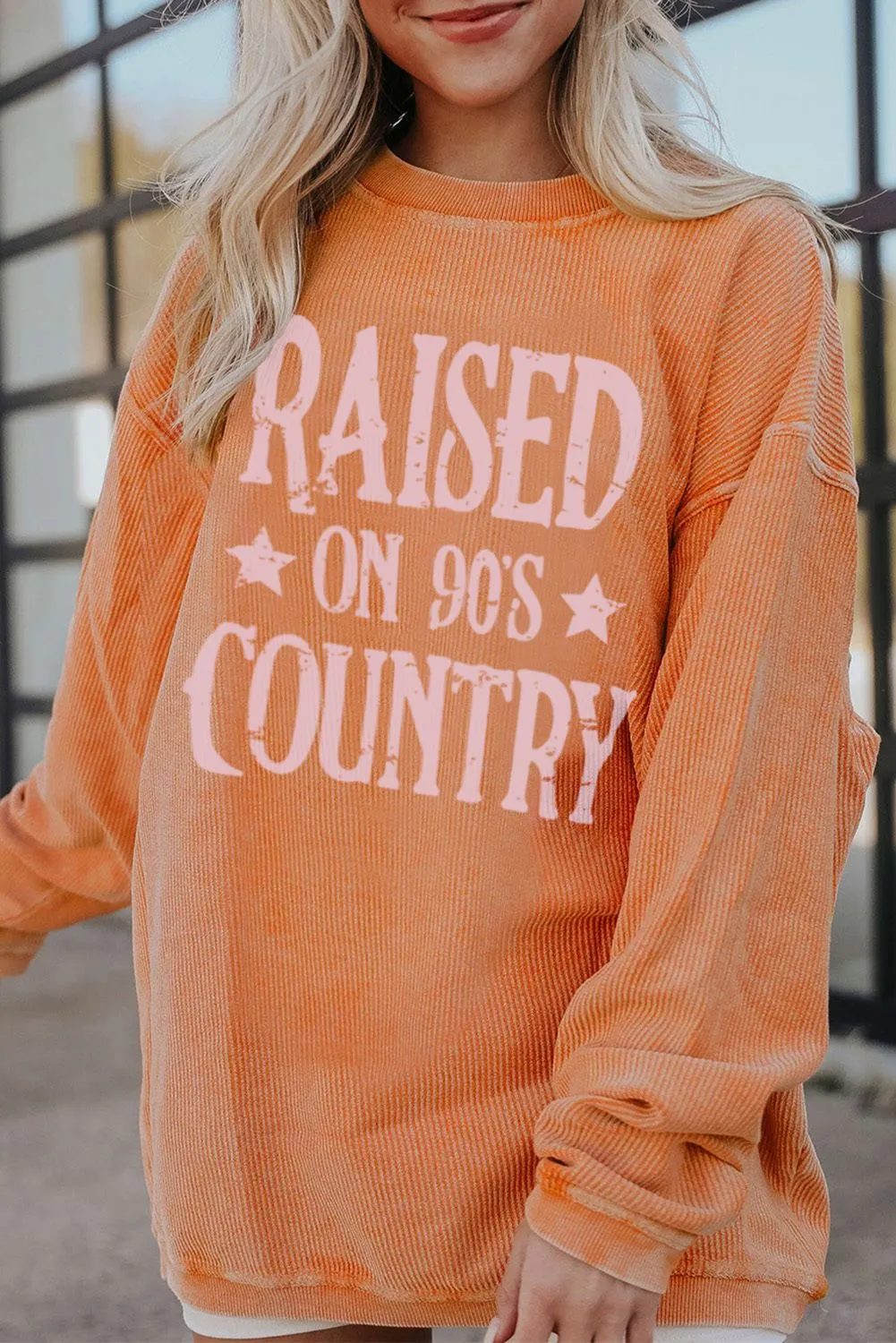 Orange Letter Print Ribbed Long Sleeve Oversized Sweatshirt