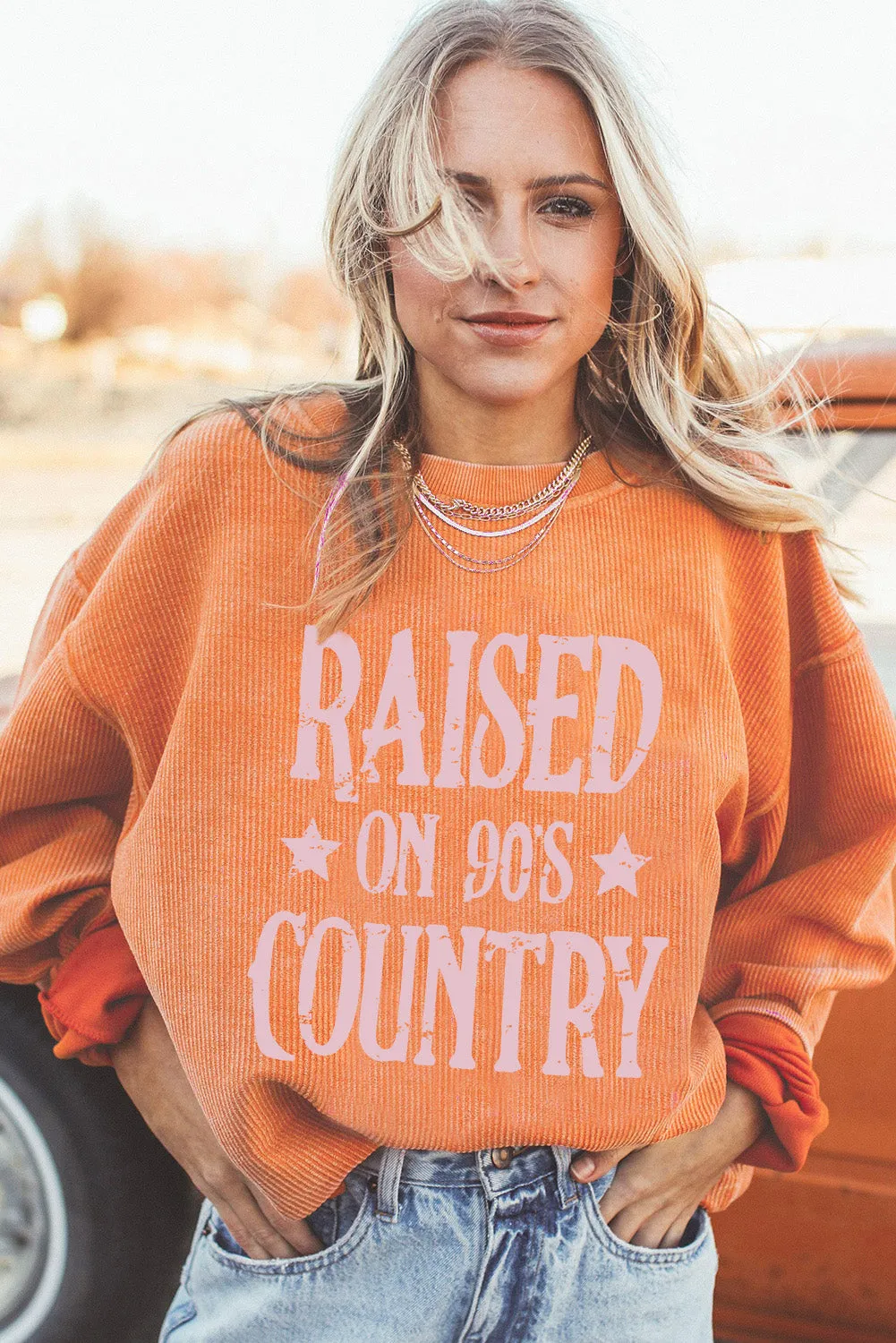 Orange Letter Print Ribbed Long Sleeve Oversized Sweatshirt