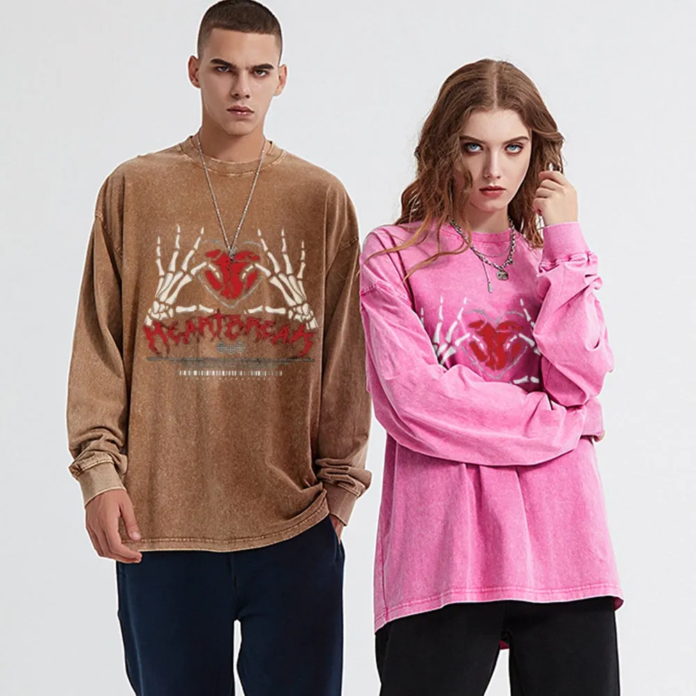 Oversized Vintage Washed Skeleton Heart Graphic Sweatshirt