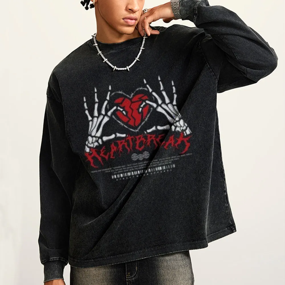 Oversized Vintage Washed Skeleton Heart Graphic Sweatshirt