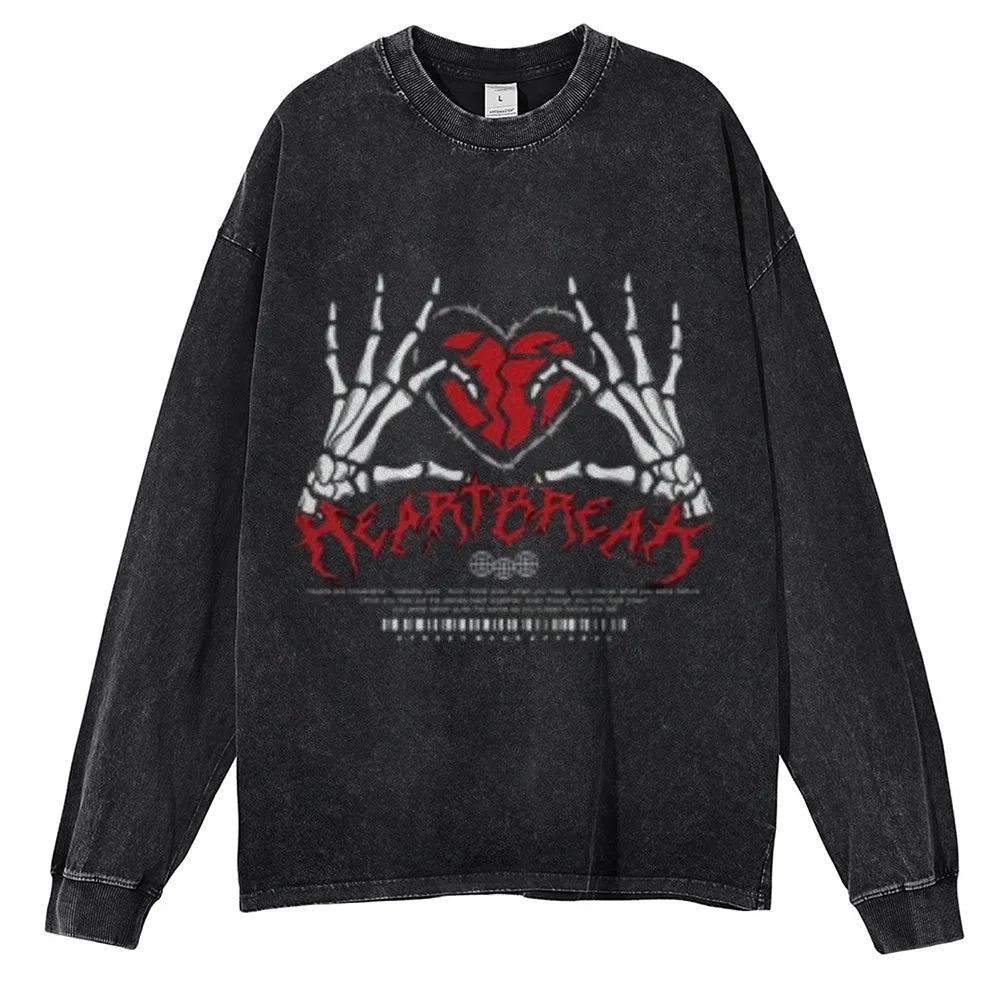 Oversized Vintage Washed Skeleton Heart Graphic Sweatshirt