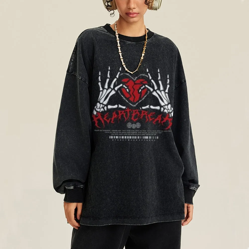 Oversized Vintage Washed Skeleton Heart Graphic Sweatshirt