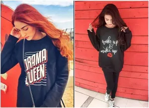 Pack of 2 Black Drama Queen and Black Wakeup and Makeup Printed Sweatshirts For Women s