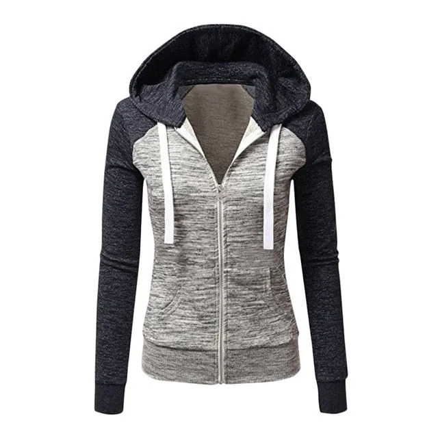 Patchwork Hoodies Women Hooded Polyester Zipper Pocket Coat Casual Drawstring Sweatshirts Female Sports Outwear