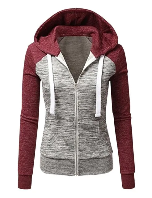 Patchwork Hoodies Women Hooded Polyester Zipper Pocket Coat Casual Drawstring Sweatshirts Female Sports Outwear