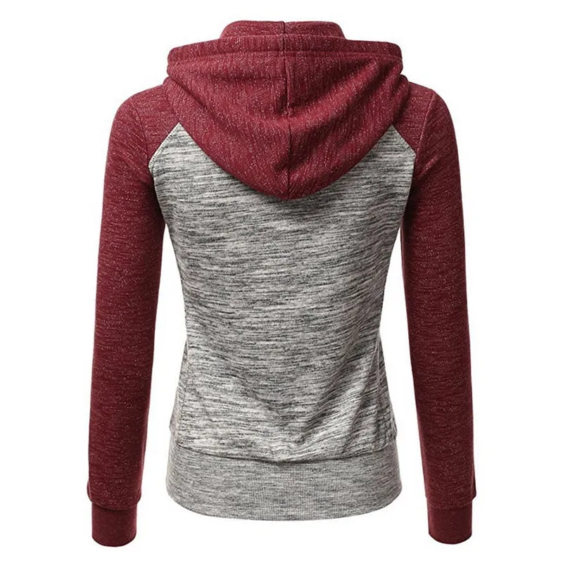 Patchwork Hoodies Women Hooded Polyester Zipper Pocket Coat Casual Drawstring Sweatshirts Female Sports Outwear