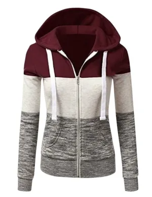 Patchwork Hoodies Women Hooded Polyester Zipper Pocket Coat Casual Drawstring Sweatshirts Female Sports Outwear