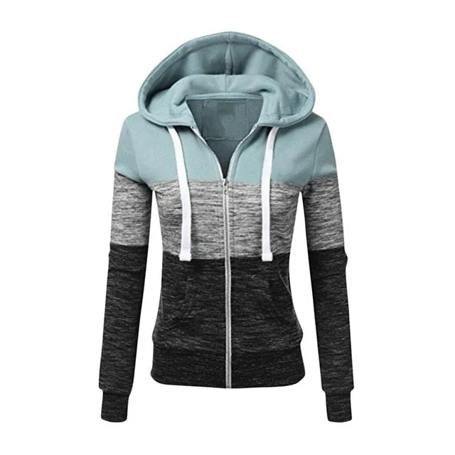 Patchwork Hoodies Women Hooded Polyester Zipper Pocket Coat Casual Drawstring Sweatshirts Female Sports Outwear