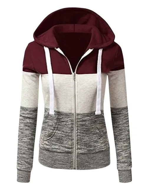 Patchwork Hoodies Women Hooded Polyester Zipper Pocket Coat Casual Drawstring Sweatshirts Female Sports Outwear