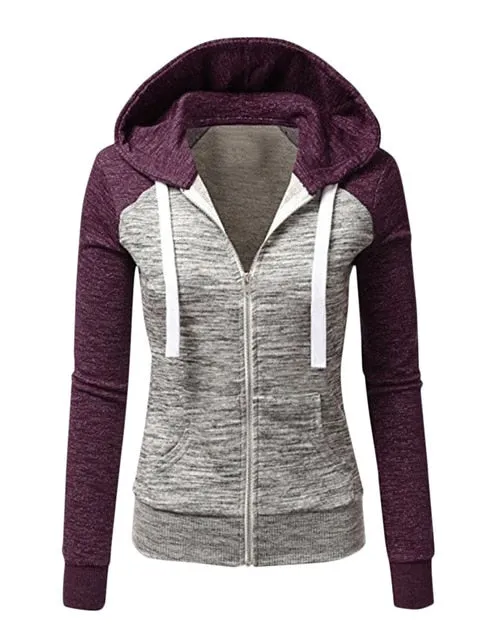 Patchwork Hoodies Women Hooded Polyester Zipper Pocket Coat Casual Drawstring Sweatshirts Female Sports Outwear