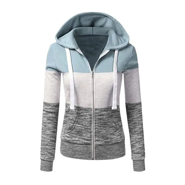 Patchwork Hoodies Women Hooded Polyester Zipper Pocket Coat Casual Drawstring Sweatshirts Female Sports Outwear