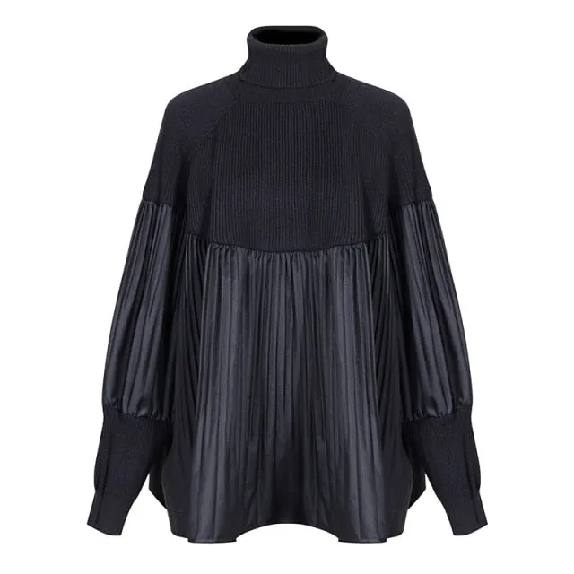 Pelated Split Big Size Knitting Sweater Loose Fit Turtleneck