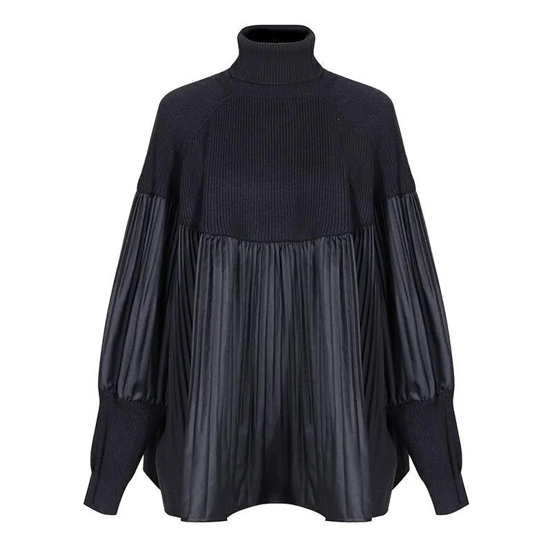 Pelated Split Big Size Knitting Sweater Loose Fit Turtleneck