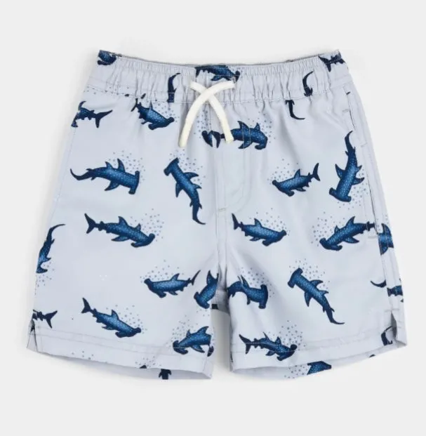 Petit Lem Blue Hammerhead Shark Print Swim Trunks: Size 2 to 7 Years