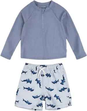 Petit Lem Ribbed Long Sleeve Faded Blue/ Hammerhead Shark RashGuard Swim Set: Size 0/3M to 18/24M