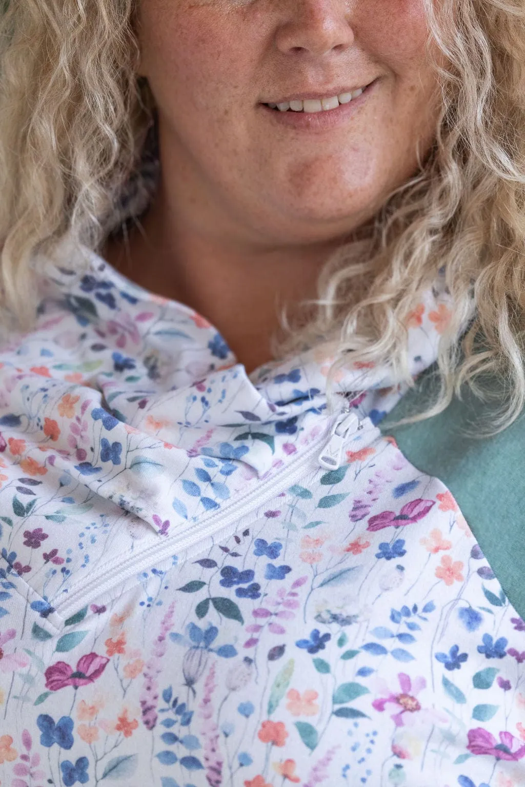PHC- Paradise Floral Zipcowl Pullover w/Sage Sleeves