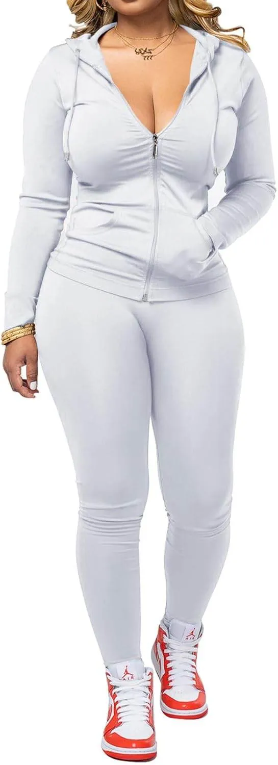PINSV Women Two Piece Outfits Workout Sets Bodycon Tracksuit Long Sleeve Zip Up Hoodie Jacket Jogger Matching Sweat Pants Set
