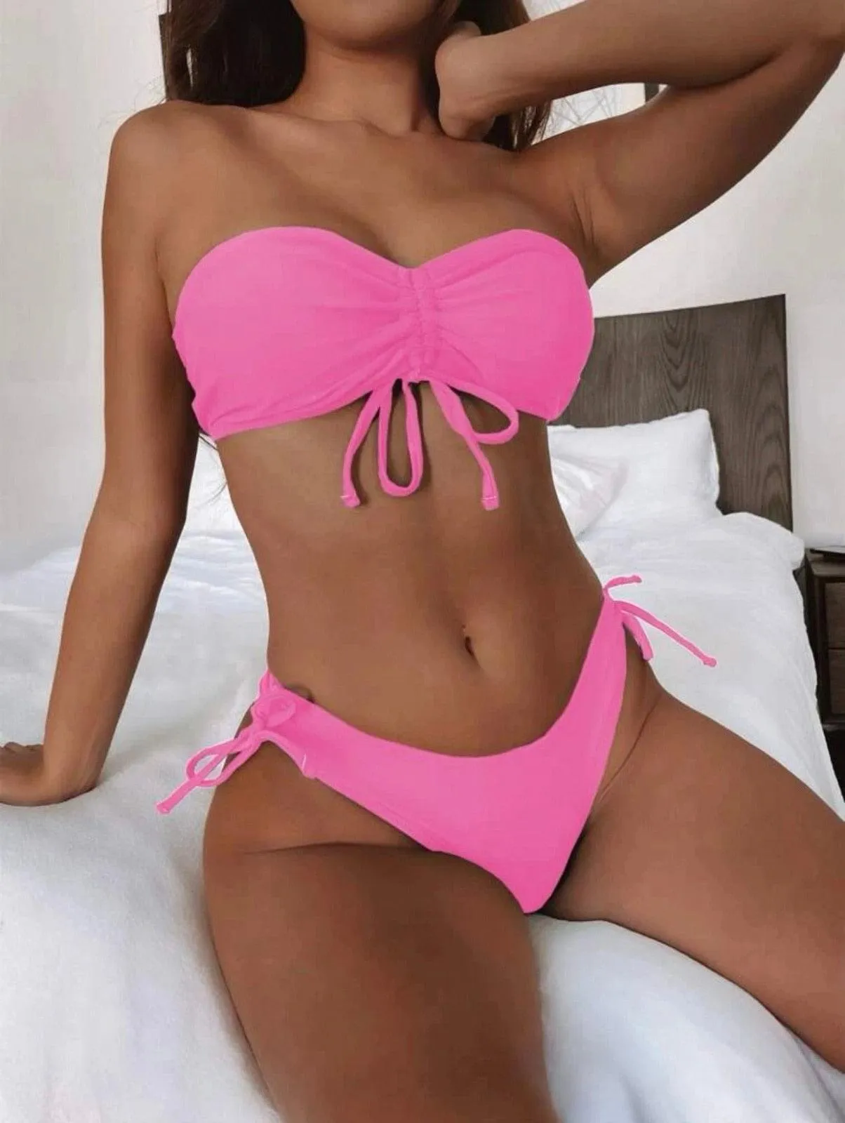 Plain Ruched Drawstring Bandeau Bikini Swimsuit