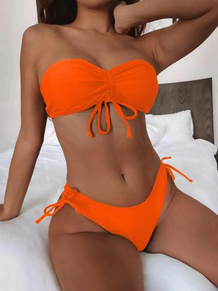Plain Ruched Drawstring Bandeau Bikini Swimsuit