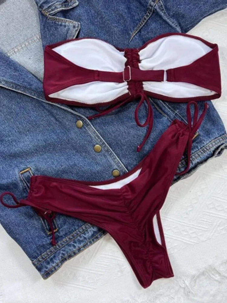 Plain Ruched Drawstring Bandeau Bikini Swimsuit