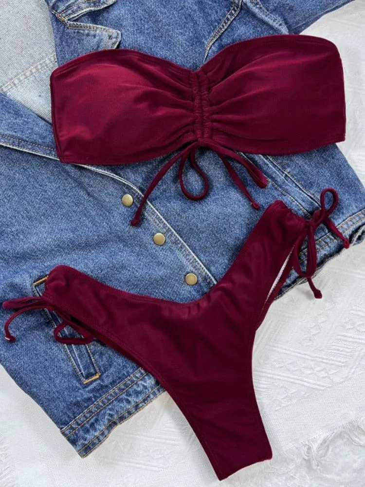 Plain Ruched Drawstring Bandeau Bikini Swimsuit