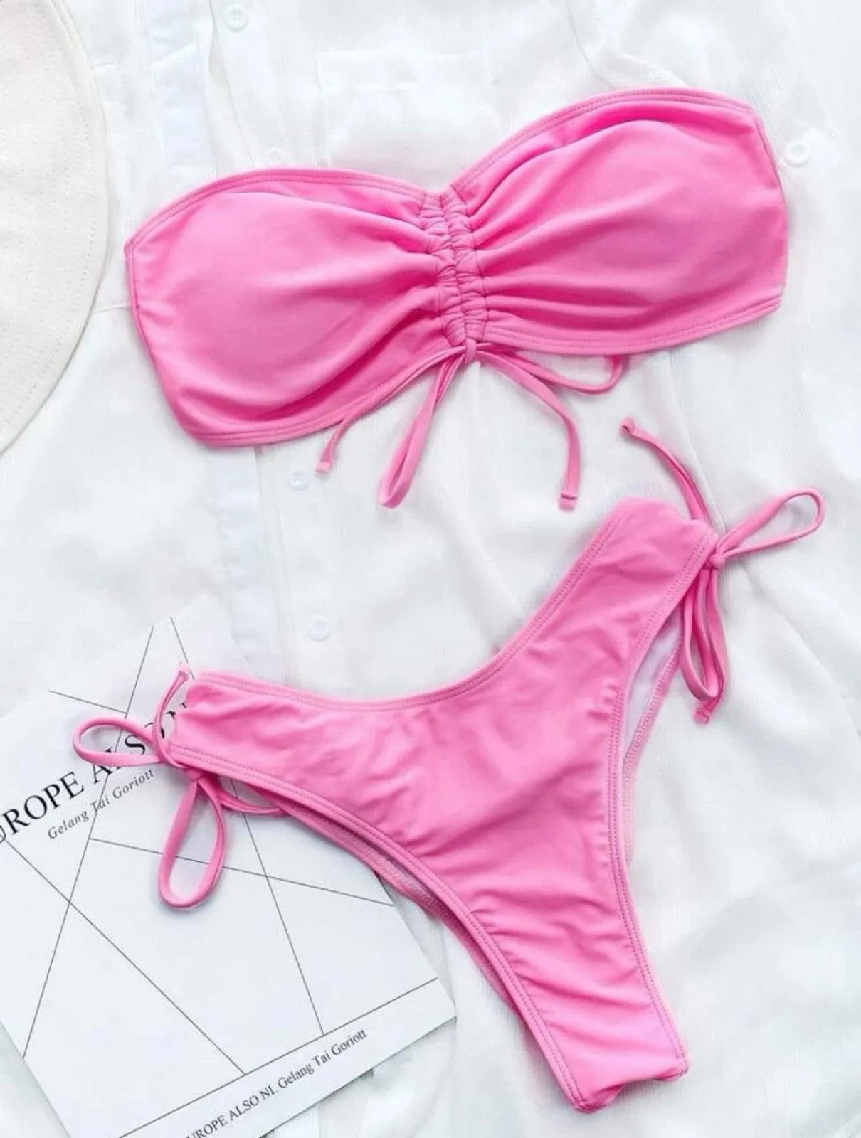 Plain Ruched Drawstring Bandeau Bikini Swimsuit