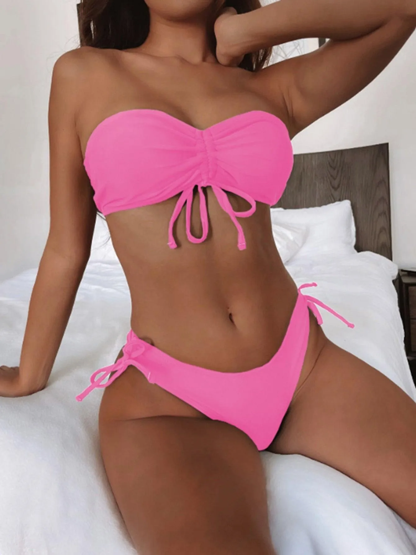 Plain Ruched Drawstring Bandeau Bikini Swimsuit