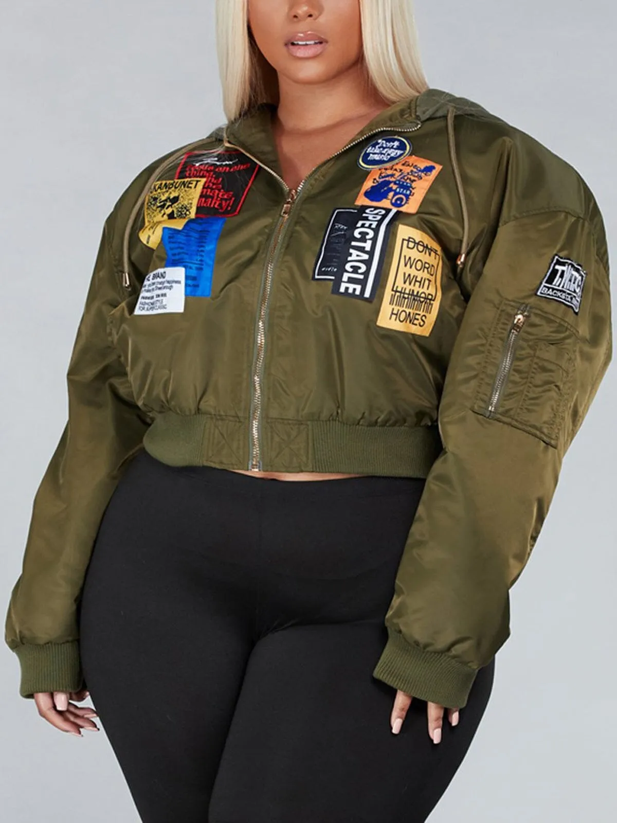 PLUS SIZE LONG SLEEVE ZIP UP PATCHES HOODIE BOMBER JACKET