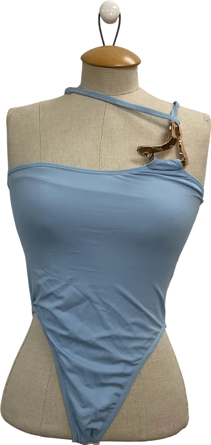 PrettyLittleThing Dusty Blue Gold Trim Asymmetric Swimsuit UK 10