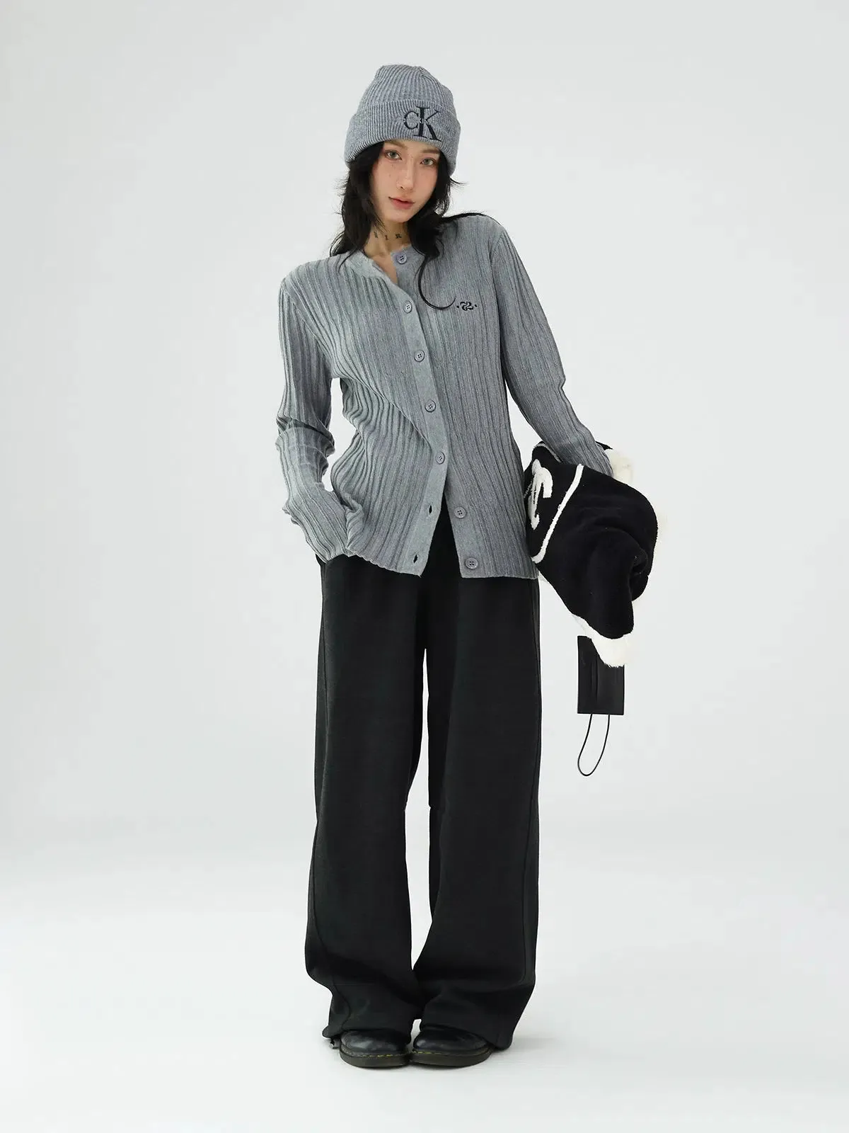 Ribbed Knit Button-Up Sweatshirt