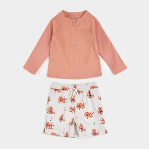 Ribbed Long-Sleeve Fiery Coral & Octopus Rashguard Set