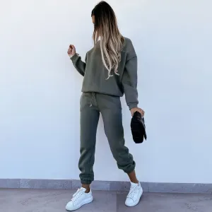 Round Neck Long Sleeve Sweatsuit Matching Set - Army Green