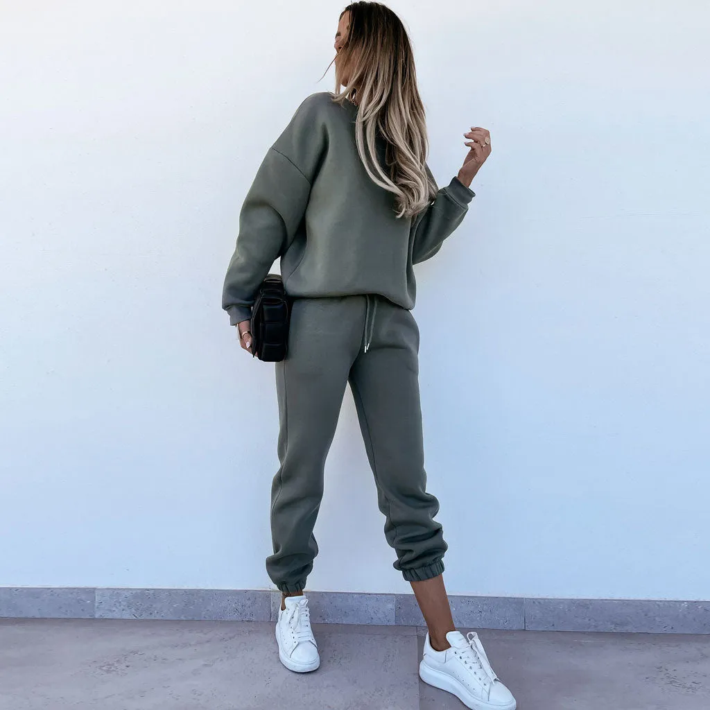 Round Neck Long Sleeve Sweatsuit Matching Set - Army Green
