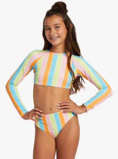 Roxy Girl “Lost in Paradise” Striped Crop Rashguard Swim Set: Size 8 to 16 Years