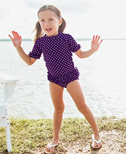 RuffleButts Girls Rash Guard 2-Piece Swimsuit Set - Purple Polka Dot Bikini with UPF 50  Sun Protection - 7