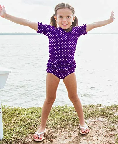 RuffleButts Girls Rash Guard 2-Piece Swimsuit Set - Purple Polka Dot Bikini with UPF 50  Sun Protection - 7