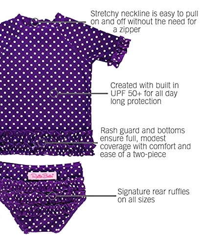 RuffleButts Girls Rash Guard 2-Piece Swimsuit Set - Purple Polka Dot Bikini with UPF 50  Sun Protection - 7