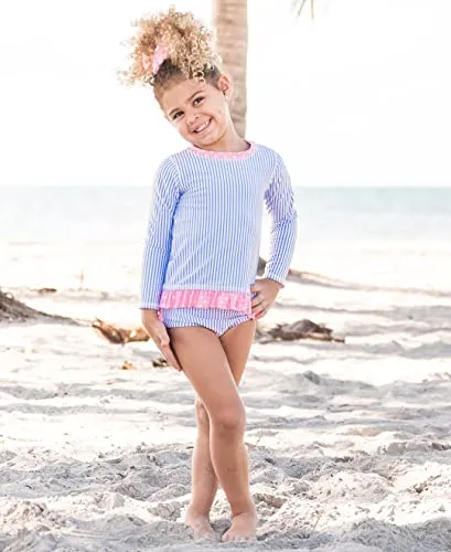 RuffleButts Little Girls Periwinkle Seersucker Long Sleeve Rash Guard Bikini - 5