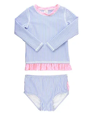 RuffleButts Little Girls Periwinkle Seersucker Long Sleeve Rash Guard Bikini - 5