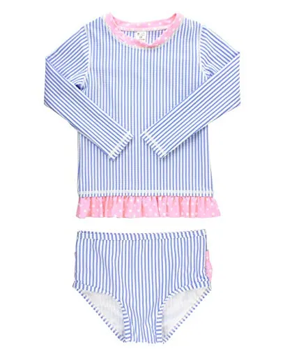 RuffleButts Little Girls Periwinkle Seersucker Long Sleeve Rash Guard Bikini - 5