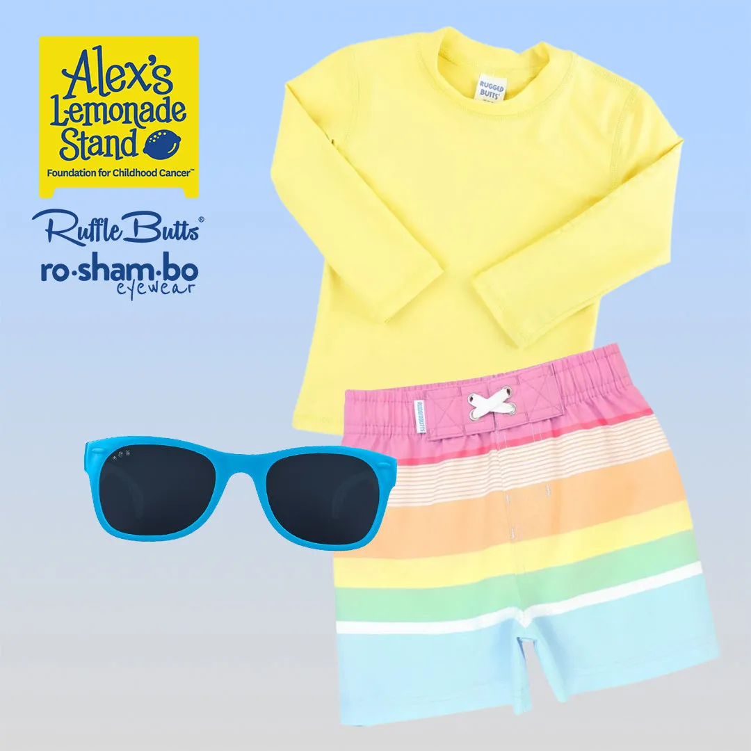 RuggedButts Boys Rainbow Stripe Swim Trunks & Rash Guard with Roshambo Blue Sunglasses