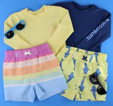 RuggedButts Boys Rainbow Stripe Swim Trunks & Rash Guard with Roshambo Blue Sunglasses